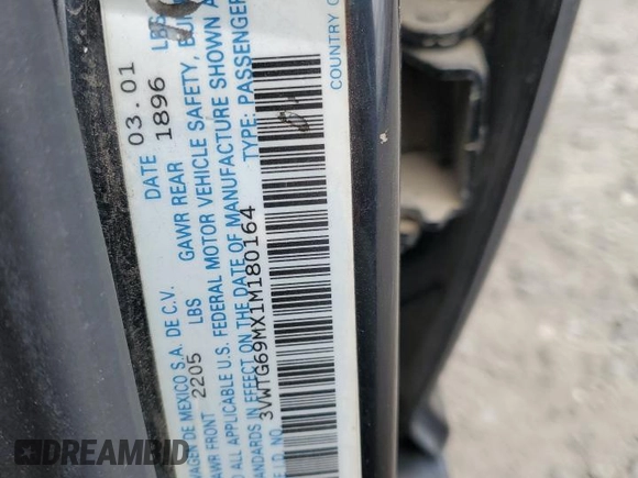2001 Volkswagen Jetta z VIN 3VWTG69MX1M180164, wystawiony jako Copart lot #59061905 z przebiegiem Nie podano mil oraz Czysty tytuł • Clean title. Historia ofert i sprzedaży dostępna na DreamBid. Obrazek 12.