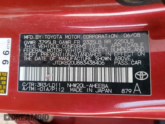 2008 Toyota Prius z VIN JTDKB20U883438406, wystawiony jako Copart lot #61249485 z przebiegiem 173 878 mil mil oraz Czysty tytuł • Clean title. Historia ofert i sprzedaży dostępna na DreamBid. Obrazek 12.