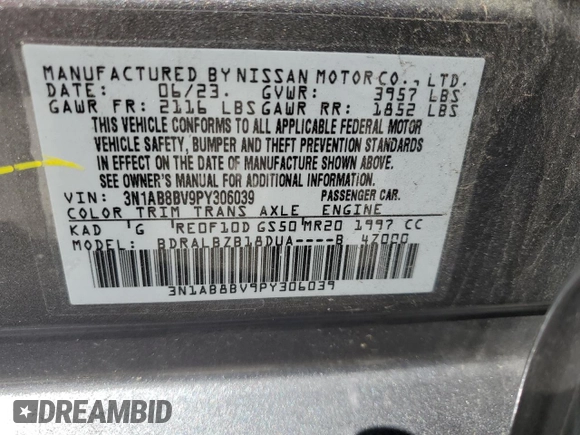 2023 Nissan Sentra S with VIN 3N1AB8BV9PY306039, listed as a Copart auction lot 51769915 with 48,517 mi miles and Non Repairable. Bid and sale history available at DreamBid. Image 14.