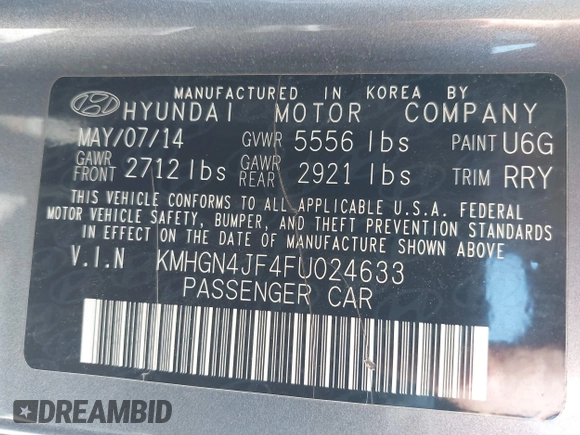 2015 Hyundai Genesis 5.0L with VIN KMHGN4JF4FU024633, listed as a IAAI auction lot 42187544 with 185,178 mi miles. Bid and sale history available at carsss.com. Image 9.