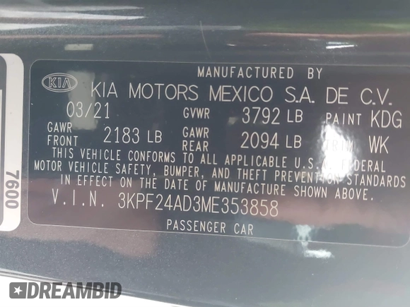 2021 Kia Forte FE with VIN 3KPF24AD3ME353858, listed as a IAAI auction lot 41791691 with 57,970 mi miles and . Bid and sale history available at carsss.com. Image 9.