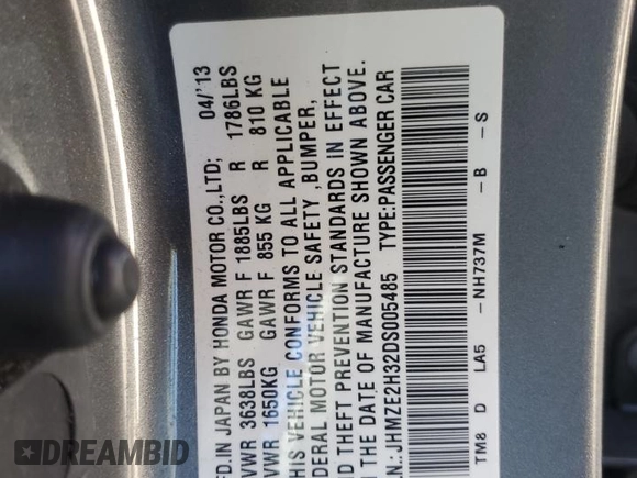 2013 Honda Insight with VIN JHMZE2H32DS005485, listed as a Copart auction lot 41907595 with 87,477 mi miles and Clean title. Bid and sale history available at DreamBid. Image 12.