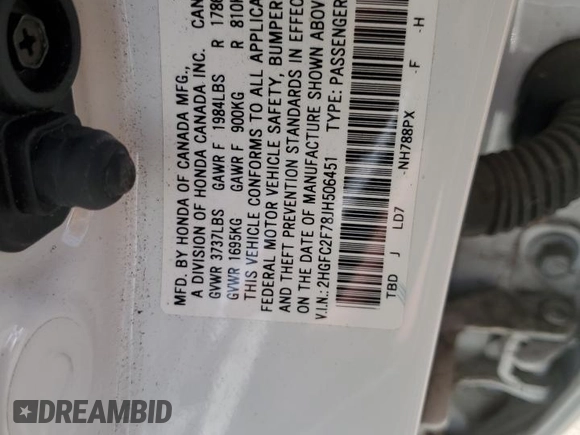 2018 Honda Civic EX with VIN 2HGFC2F78JH506451, listed as a Copart auction lot 54977565 with 41,227 mi miles and Salvage Title. Bid and sale history available at DreamBid. Image 12.