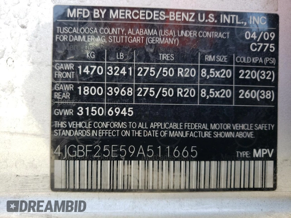 2009 Mercedes-Benz GL-Class 3.0L BlueTEC with VIN 4JGBF25E59A511665, listed as a Copart auction lot 77603804 with 220,000 mi miles and Clean Title. Bid and sale history available at carsss.com. Image 13.