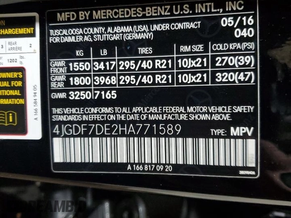 2017 Mercedes-Benz GLS 550 с VIN 4JGDF7DE2HA771589, выставлен на аукционе Copart как лот 42102725 с пробегом 130 914 миль миль и Списание • Salvage title. История ставок и продаж доступна на DreamBid. Изображение 14.