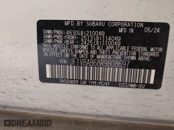 2024 Subaru WRX with VIN JF1VBAB68R9808697, listed as a IAAI auction lot 41753428 with 5,054 mi miles and . Bid and sale history available at DreamBid. Image 9.