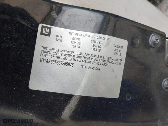 2008 Chevrolet Cobalt LS with VIN 1G1AK58F887255978, listed as a IAAI auction lot 41794490 with 187,204 mi miles. Bid and sale history available at carsss.com. Image 9.