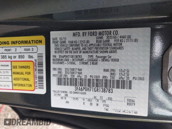 2016 Ford Fusion SE with VIN 3FA6P0H71GR138783, listed as a IAAI auction lot 42263771 with 67,071 mi miles and . Bid and sale history available at DreamBid. Image 9.