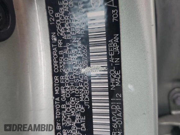 2008 Toyota Prius with VIN JTDKB20UX83357262, listed as a Copart auction lot 54532035 with 336,293 mi miles and Salvage Title. Bid and sale history available at DreamBid. Image 12.