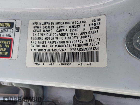 2010 Honda Insight EX with VIN JHMZE2H71AS012927, listed as a IAAI auction lot 42455037 with Not provided miles and . Bid and sale history available at DreamBid. Image 9.
