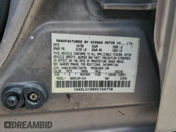 1999 Nissan Altima XE with VIN 1N4DL01D9XC154778, listed as a Copart auction lot 75074664 with 119,284 mi miles and Non Repairable. Bid and sale history available at carsss.com. Image 12.