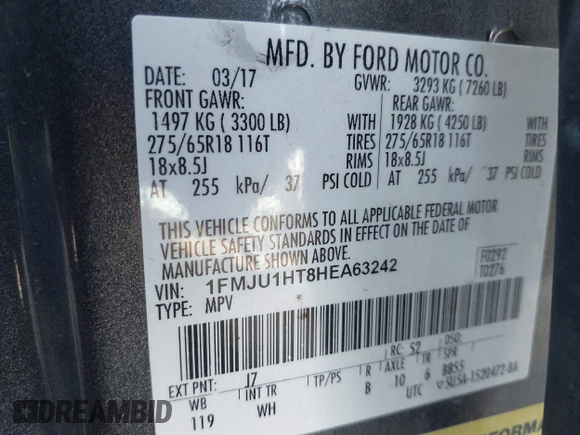2017 Ford Expedition XLT с VIN 1FMJU1HT8HEA63242, выставлен на аукционе IAAI как лот 41765063 с пробегом 104 370 миль миль и . История ставок и продаж доступна на DreamBid. Изображение 9.