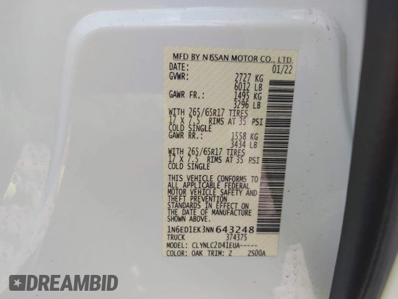 2022 Nissan Frontier SV с VIN 1N6ED1EK3NN643248, выставлен на аукционе IAAI как лот 41751224 с пробегом 14 256 миль миль и . История ставок и продаж доступна на DreamBid. Изображение 9.