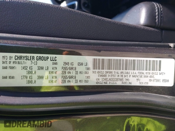 2013 Dodge Durango SXT with VIN 1C4RDJAG5DC697005, listed as a IAAI auction lot 42396872 with 115,046 mi miles and . Bid and sale history available at DreamBid. Image 9.