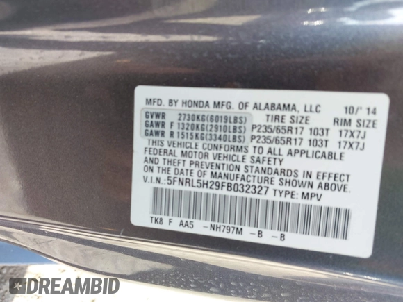 2015 Honda Odyssey LX with VIN 5FNRL5H29FB032327, listed as a IAAI auction lot 42052043 with 153,365 mi miles and . Bid and sale history available at DreamBid. Image 9.