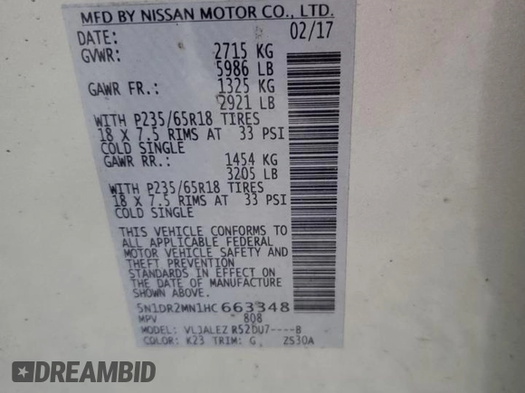 2017 Nissan Pathfinder SL with VIN 5N1DR2MN1HC663348, listed as a Copart auction lot 65415815 with 146,472 mi miles and Clean title. Bid and sale history available at DreamBid. Image 13.