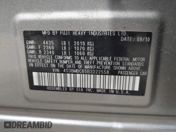 2011 Subaru Legacy Premium with VIN 4S3BMBC65B3222558, listed as a IAAI auction lot 42600088 with 207,147 mi miles and . Bid and sale history available at DreamBid. Image 9.