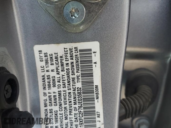2018 Honda Civic EX with VIN 19XFC2F76JE035832, listed as a Copart auction lot 51020685 with Not Provided miles and Salvage Title. Bid and sale history available at DreamBid. Image 14.