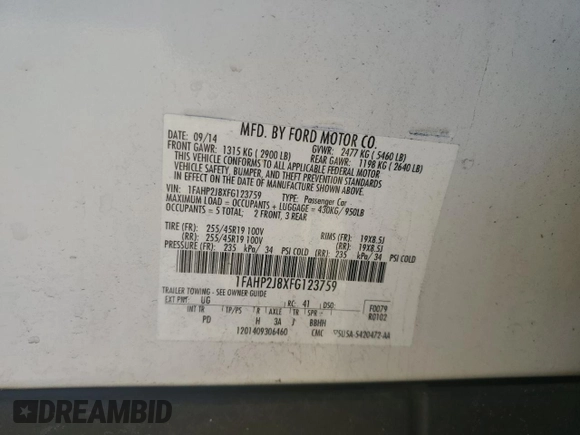 2015 Ford Taurus Limited z VIN 1FAHP2J8XFG123759, wystawiony jako Copart lot #50548205 z przebiegiem 128 266 mil mil oraz Szkoda całkowita • Salvage title. Historia ofert i sprzedaży dostępna na DreamBid. Obrazek 15.