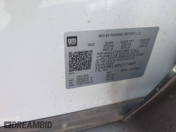 2022 GMC Acadia SLE z VIN 1GKKNKL42NZ174664, wystawiony jako IAAI lot #40738680 z przebiegiem 66 116 mil mil oraz . Historia ofert i sprzedaży dostępna na DreamBid. Obrazek 9.