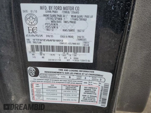 2010 Ford F-150 XL с VIN 1FTFW1EV6AFB19513, выставлен на аукционе Copart как лот 49987845 с пробегом 190 525 миль миль и Списание • Salvage title. История ставок и продаж доступна на DreamBid. Изображение 12.