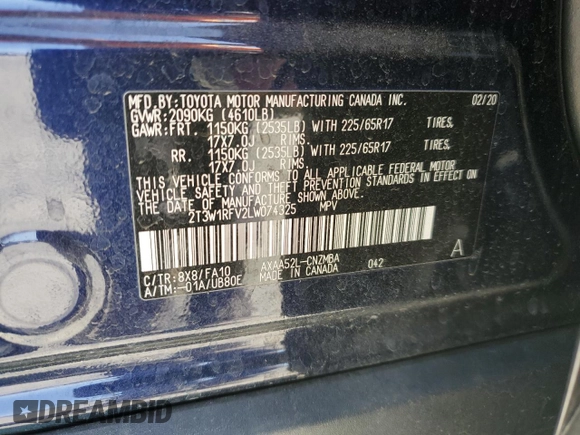 2020 Toyota RAV4 XLE with VIN 2T3W1RFV2LW074325, listed as a Copart auction lot 58693665 with 34,830 mi miles and Salvage title. Bid and sale history available at DreamBid. Image 13.