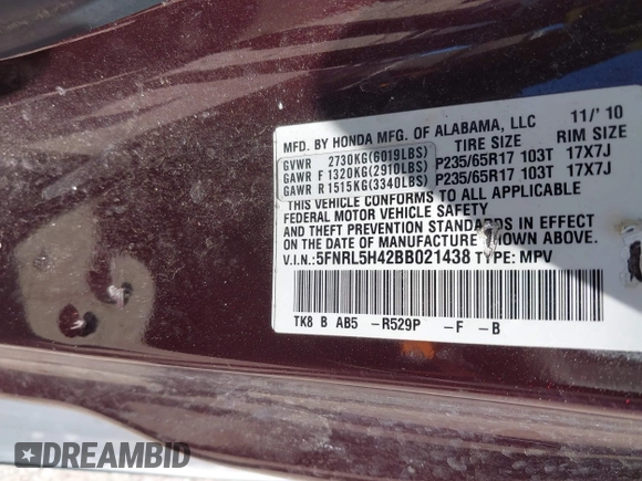 2011 Honda Odyssey EX with VIN 5FNRL5H42BB021438, listed as a IAAI auction lot 41978690 with 190,495 mi miles and . Bid and sale history available at carsss.com. Image 9.