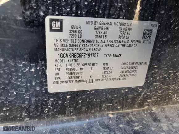 2015 Chevrolet Silverado 1500 LT with VIN 1GCVKREC6FZ191757, listed as a Copart auction lot 46595205 with 136,196 mi miles and Clean Title. Bid and sale history available at carsss.com. Image 12.