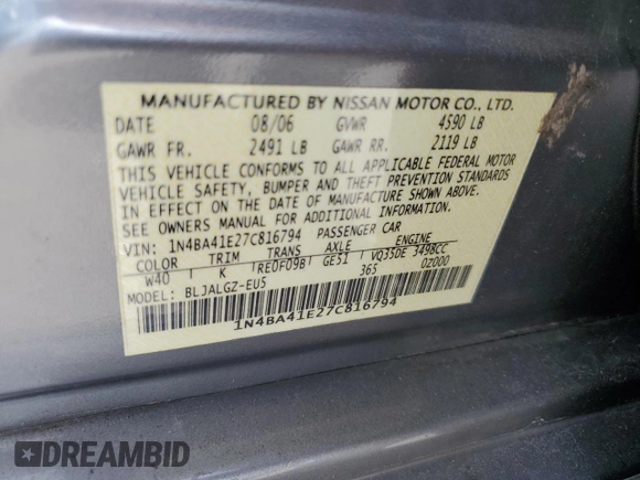 2007 Nissan Maxima 3.5 SE with VIN 1N4BA41E27C816794, listed as a Copart auction lot 47836365 with 157,908 mi miles and Salvage Title. Bid and sale history available at carsss.com. Image 14.