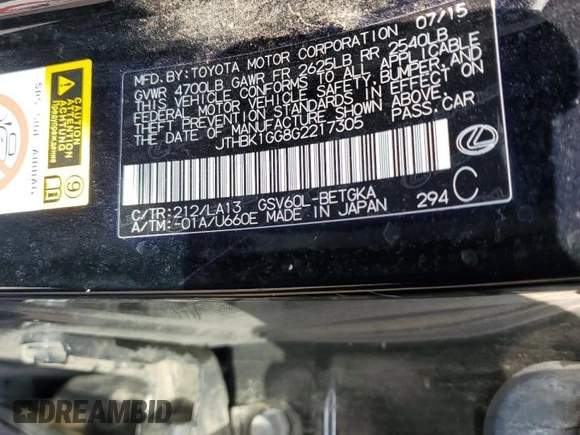 2016 Lexus ES 330 z VIN JTHBK1GG8G2217305, wystawiony jako Copart lot #42583725 z przebiegiem 99 218 mil mil oraz Szkoda całkowita • Salvage title. Historia ofert i sprzedaży dostępna na DreamBid. Obrazek 14.