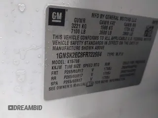 2015 Chevrolet Tahoe Commercial with VIN 1GNSK2EC8FR722684, listed as a IAAI auction lot 41553558 with 119,434 mi miles and . Bid and sale history available at DreamBid. Image 9.