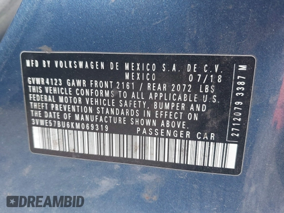 2019 Volkswagen Jetta SEL with VIN 3VWE57BU6KM069319, listed as a IAAI auction lot 41401740 with 133,371 mi miles and . Bid and sale history available at DreamBid. Image 9.
