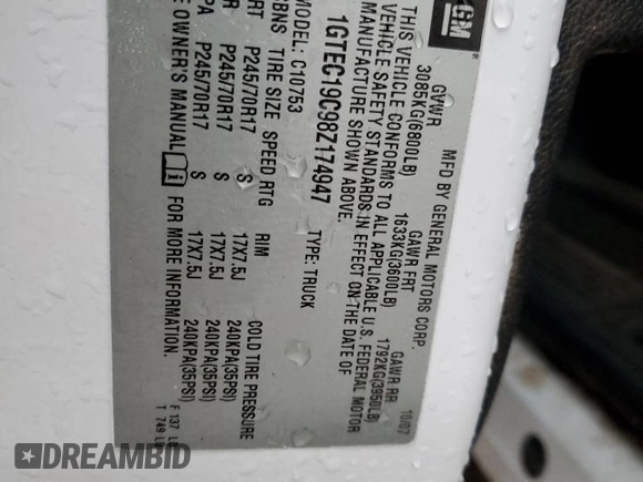 2008 GMC Sierra 1500 SL z VIN 1GTEC19C98Z174947, wystawiony jako Copart lot #79313314 z przebiegiem Nie podano mil oraz Nie do naprawy • Non repairable. Historia ofert i sprzedaży dostępna na DreamBid. Obrazek 12.