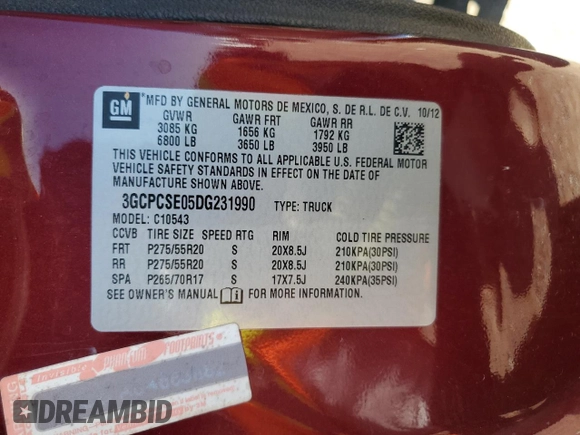 2013 Chevrolet Silverado 1500 LT with VIN 3GCPCSE05DG231990, listed as a Copart auction lot 46661205 with 195,158 mi miles and Salvage Title. Bid and sale history available at DreamBid. Image 12.
