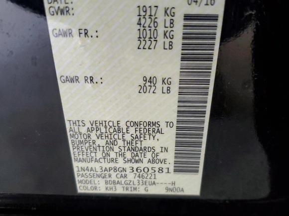 2016 Nissan Altima 2.5 S with VIN 1N4AL3AP8GN360581, listed as a Copart auction lot 50442115 with 66,483 mi miles and Salvage Title. Bid and sale history available at carsss.com. Image 12.