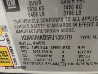 2015 Chevrolet Traverse LT with VIN 1GNKVHKD6FJ135079, listed as a IAAI auction lot 42493198 with Not provided miles and . Bid and sale history available at DreamBid. Image 9.