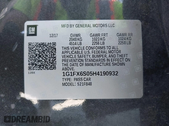 2017 Chevrolet Bolt EV Premier with VIN 1G1FX6S05H4190932, listed as a IAAI auction lot 42422197 with 59,836 mi miles and . Bid and sale history available at DreamBid. Image 9.
