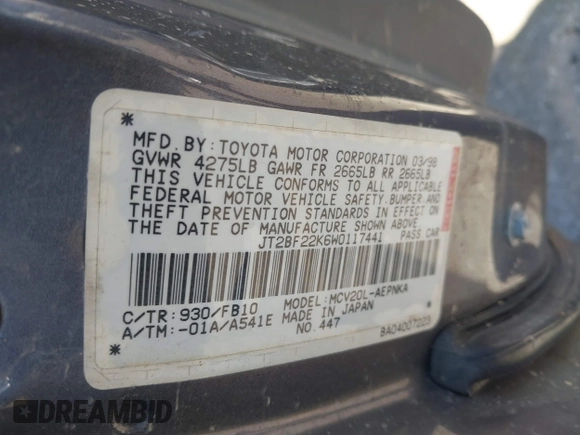 1998 Toyota Camry LE z VIN JT2BF22K6W0117441, wystawiony jako IAAI lot #41720451 z przebiegiem Nie podano mil oraz . Historia ofert i sprzedaży dostępna na DreamBid. Obrazek 9.