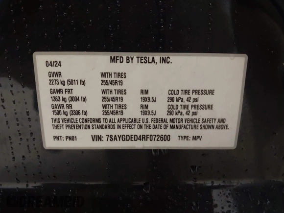 2024 Tesla Model Y с VIN 7SAYGDED4RF072600, выставлен на аукционе IAAI как лот 42242977 с пробегом 8 208 миль миль и . История ставок и продаж доступна на DreamBid. Изображение 9.