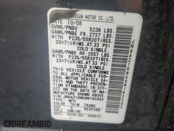 2009 Nissan Murano LE with VIN JN8AZ18WX9W160393, listed as a Copart auction lot 73369344 with 167,721 mi miles and Salvage Title. Bid and sale history available at carsss.com. Image 15.