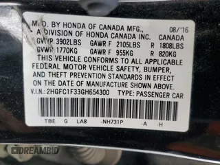 2016 Honda Civic Sedan EX-T with VIN 2HGFC1F33GH654300, listed as a Copart auction lot 51595945 with 150,574 mi miles and Salvage Title. Bid and sale history available at carsss.com. Image 13.