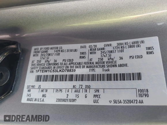 2020 Ford F-150 XL with VIN 1FTEW1C53LKD78839, listed as a IAAI auction lot 41580184 with 69,859 mi miles. Bid and sale history available at carsss.com. Image 9.