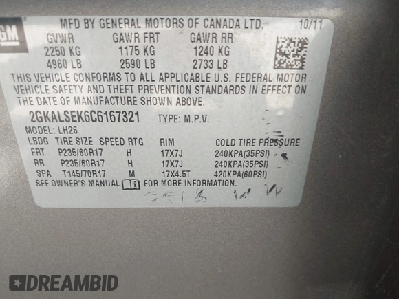2012 GMC Terrain SLE-2 with VIN 2GKALSEK6C6167321, listed as a IAAI auction lot 42047888 with 79,307 mi miles and . Bid and sale history available at DreamBid. Image 9.