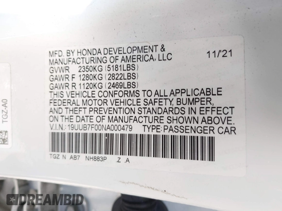 2022 Acura TLX Type S with VIN 19UUB7F00NA000479, listed as a IAAI auction lot 41564826 with 94,162 mi miles and . Bid and sale history available at DreamBid. Image 9.