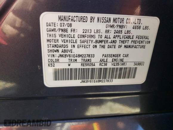 2008 Infiniti G35 Sedan Journey with VIN JNKBV61E48M227833, listed as a Copart auction lot 53983055 with 0 mi miles and Salvage Title. Bid and sale history available at carsss.com. Image 12.