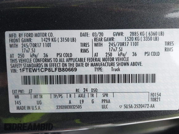 2020 Ford F-150 XL with VIN 1FTEW1CP8LFB80669, listed as a IAAI auction lot 42334386 with Not provided miles and . Bid and sale history available at DreamBid. Image 9.