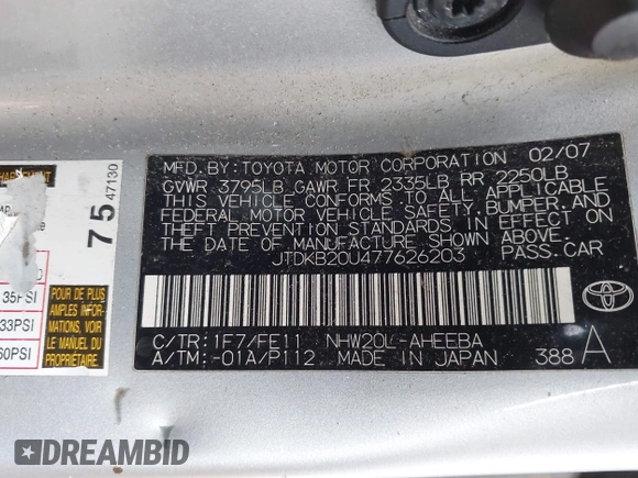 2007 Toyota Prius with VIN JTDKB20U477626203, listed as a IAAI auction lot 41992903 with 150,143 mi miles and . Bid and sale history available at DreamBid. Image 9.