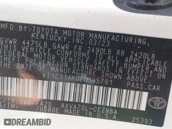2023 Toyota Camry LE z VIN 4T1C11AK0PU145781, wystawiony jako IAAI lot #42404456 z przebiegiem 53 657 mil mil oraz . Historia ofert i sprzedaży dostępna na DreamBid. Obrazek 9.