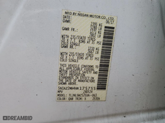 2017 Nissan Murano Platinum with VIN 5N1AZ2MH4HN175755, listed as a Copart auction lot 85065224 with 113,135 mi miles and Salvage Title. Bid and sale history available at carsss.com. Image 16.