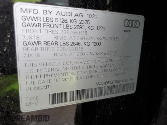 2021 Audi Q3 S line Premium with VIN WA1DECF39M1035751, listed as a Copart auction lot 46056693 with 5,161 mi miles and . Bid and sale history available at DreamBid. Image 16.